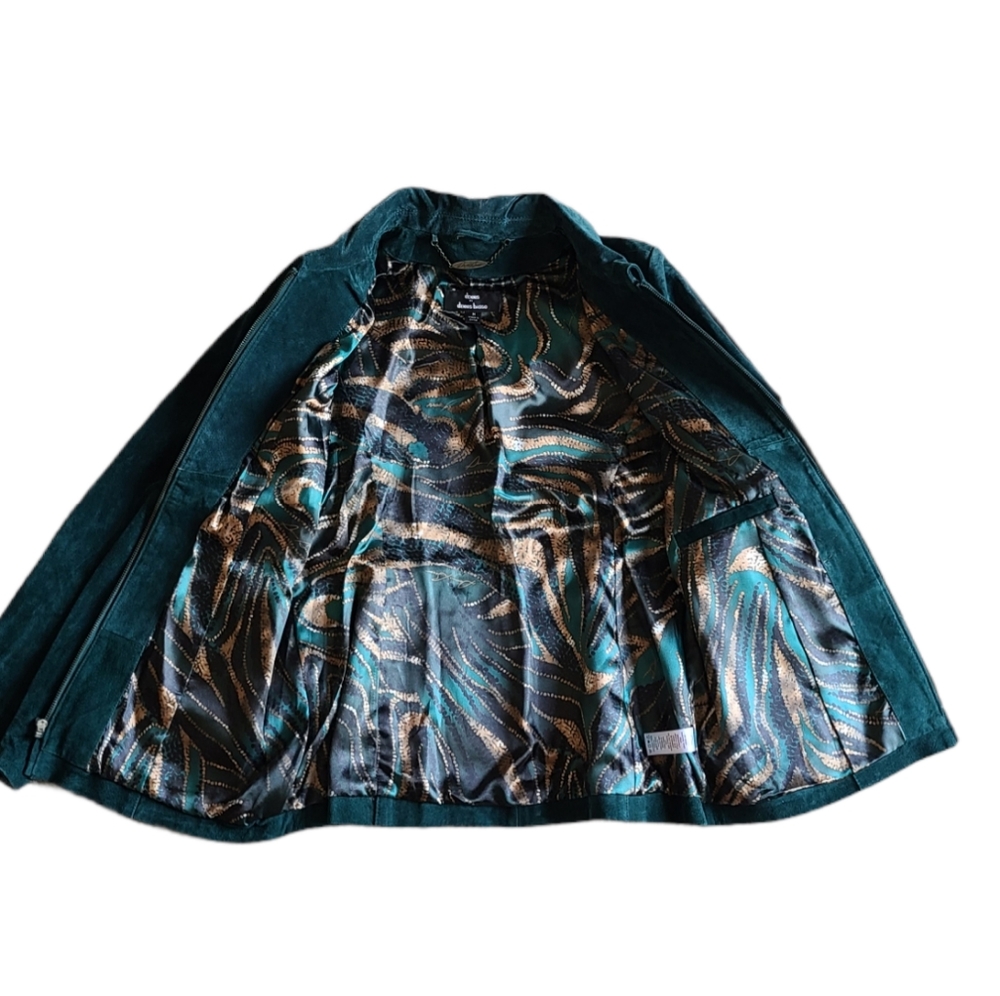 Dark Teal Blue Suede Leather Jacket w/ printed satin lining